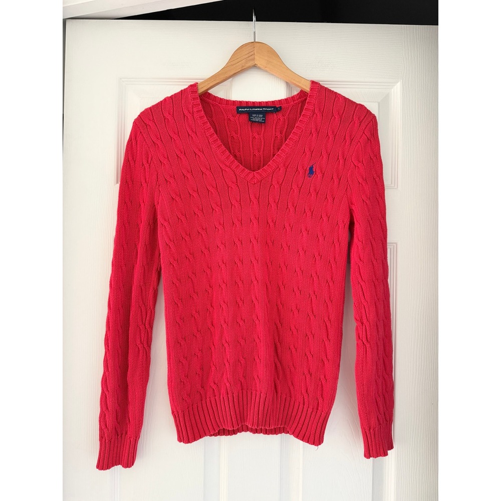 Y2K Ralph Lauren Sport Womens Cable Cherry Red V Neck Sweater Preppy New England